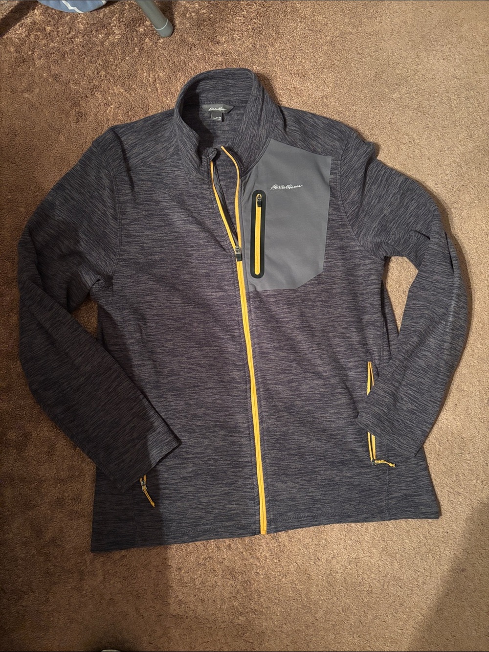 Eddie Bauer Men's Heather Gray Performance Fleece Jacket with Yellow Accents